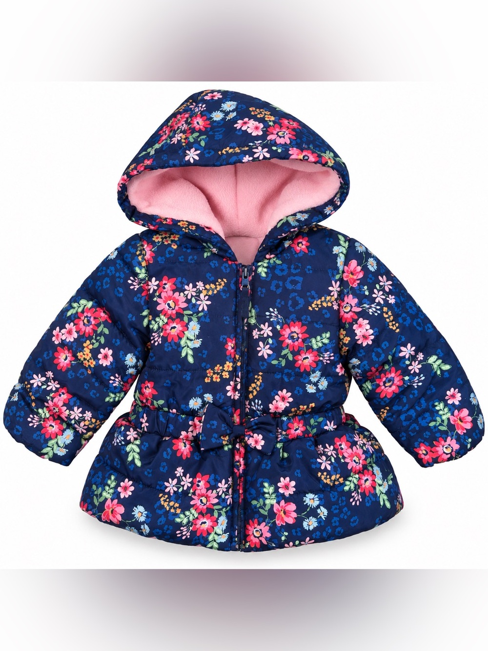 Little Me Baby Girls Navy Floral Bow Puffer Coat Pink Fleece Size 12M